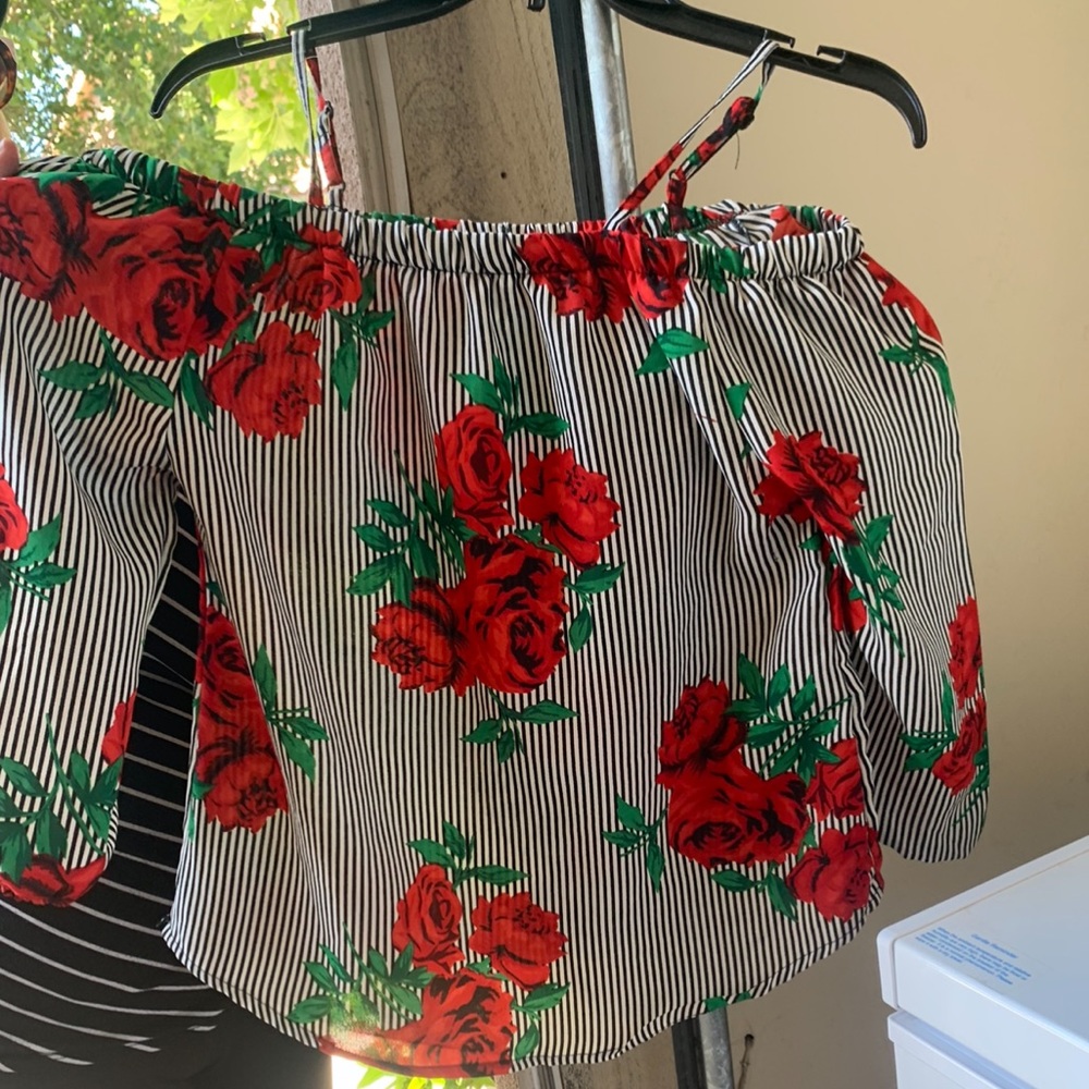 Black and white striped shirt with red roses